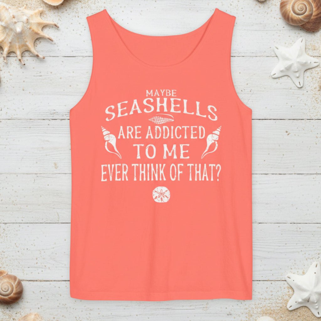 Coral tank top with white text on nautical wood with sand and seashells
