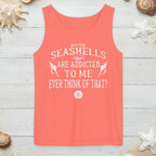 Coral tank top with white text on nautical wood with sand and seashells