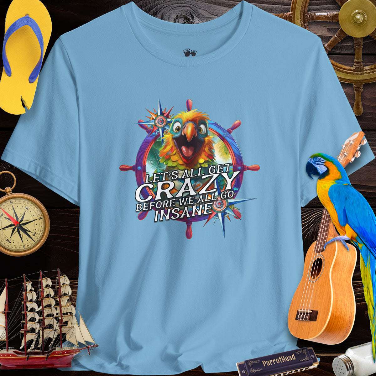 Colorful ParrotHead Tee with 'Let's All Get Crazy' graphic, perfect for laid-back beach vibes and music festivals.