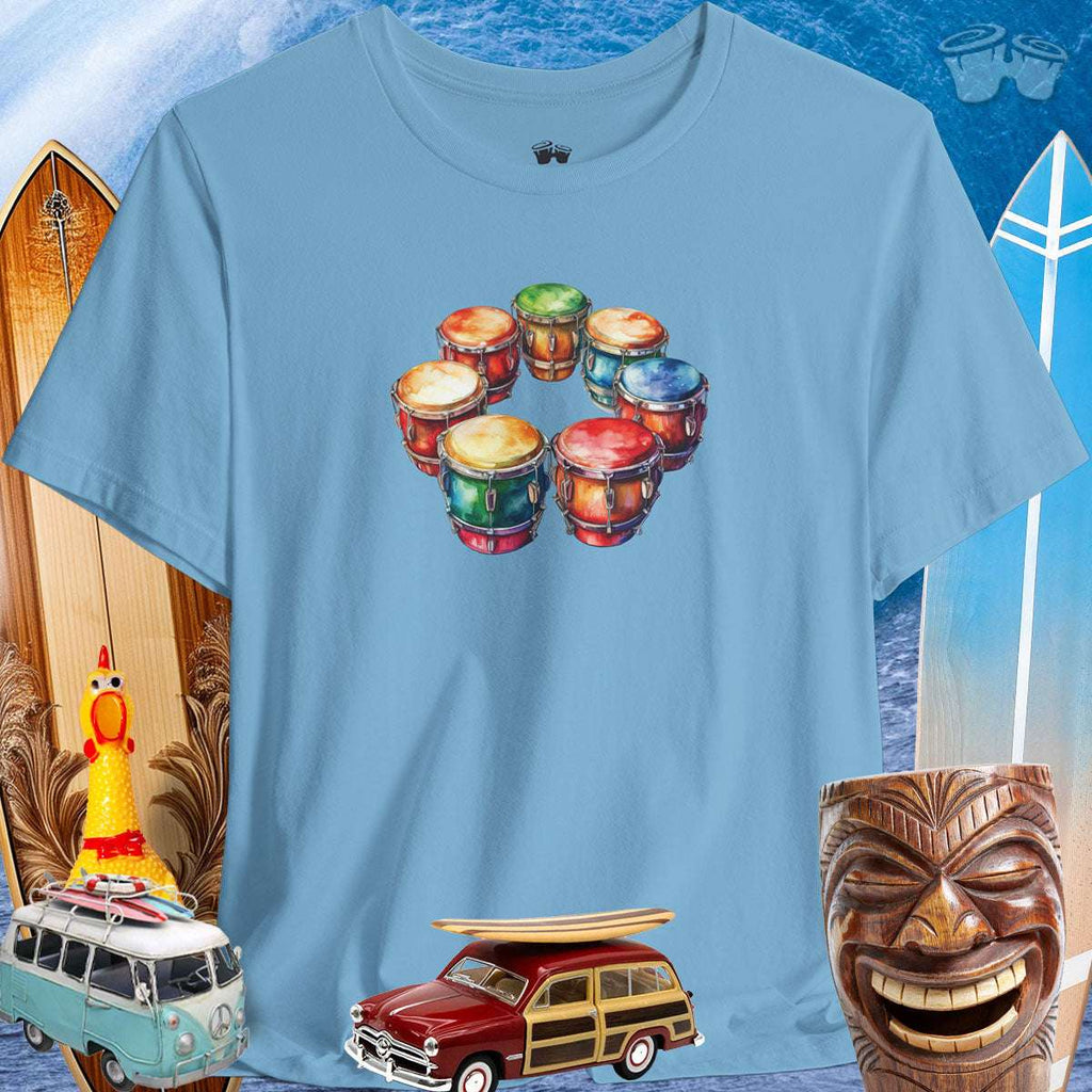 Drum Circle Tee Shirt with Surfing Wave and Icons Background Colorful Bongo Drum Circle | Bella Canvas Tee 🪘