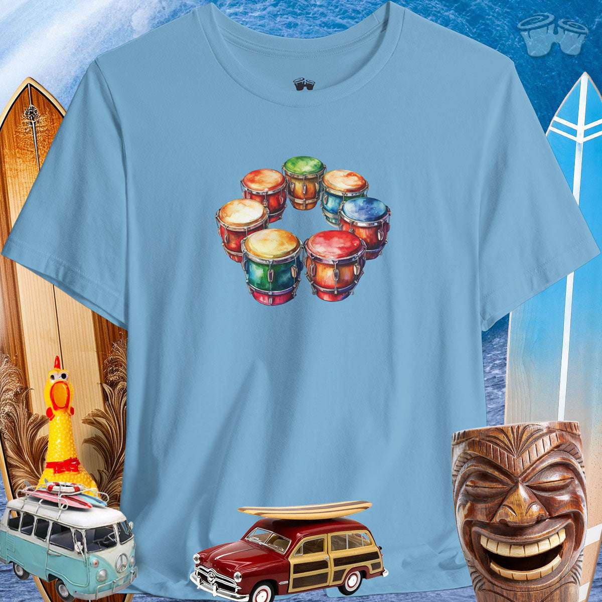 Drum Circle Tee Shirt with Surfing Wave and Icons Background Colorful Bongo Drum Circle | Bella Canvas Tee 🪘
