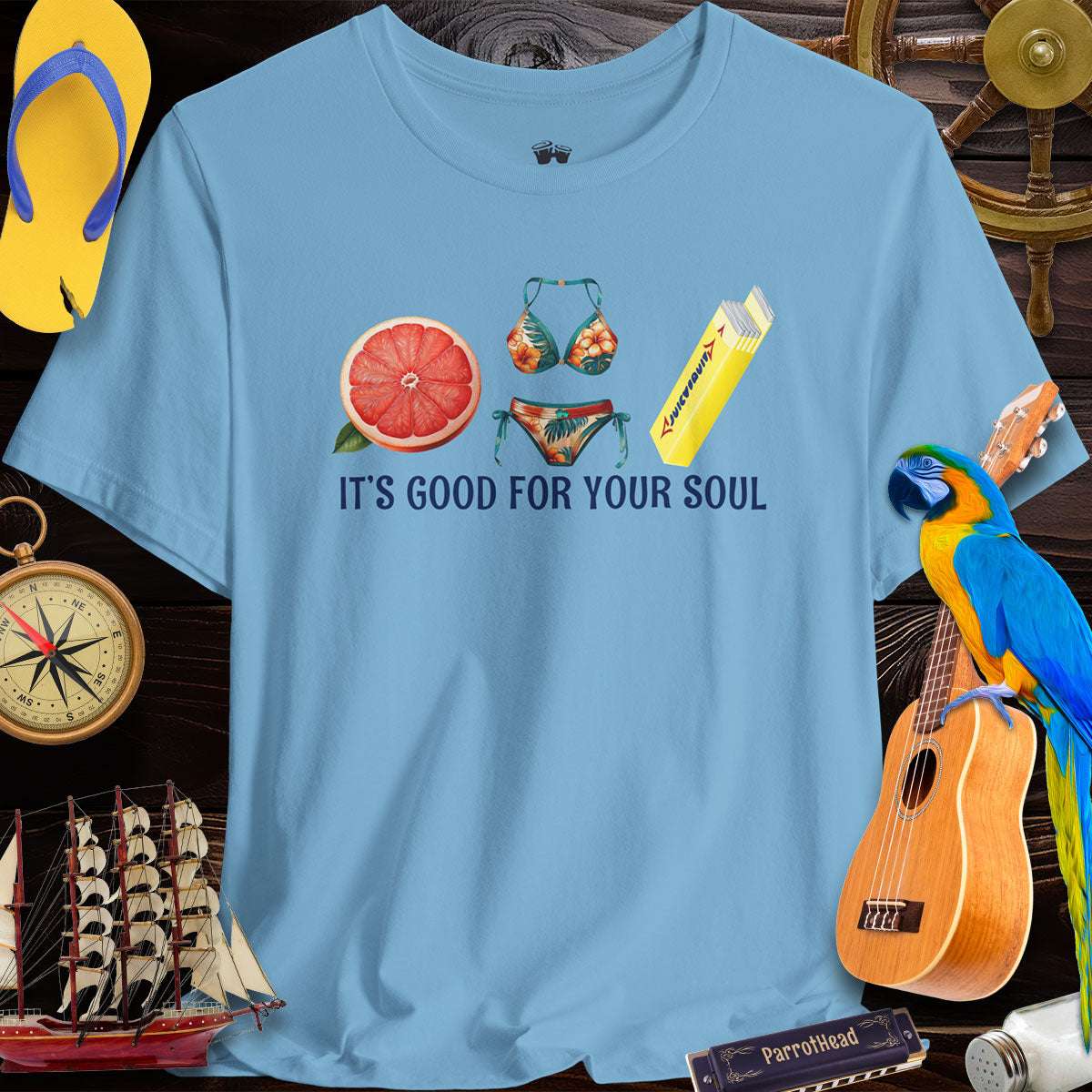 Grapefruit Juicy Fruit ParrotHead T-Shirt design featuring beach items and text 'It's Good for Your Soul'