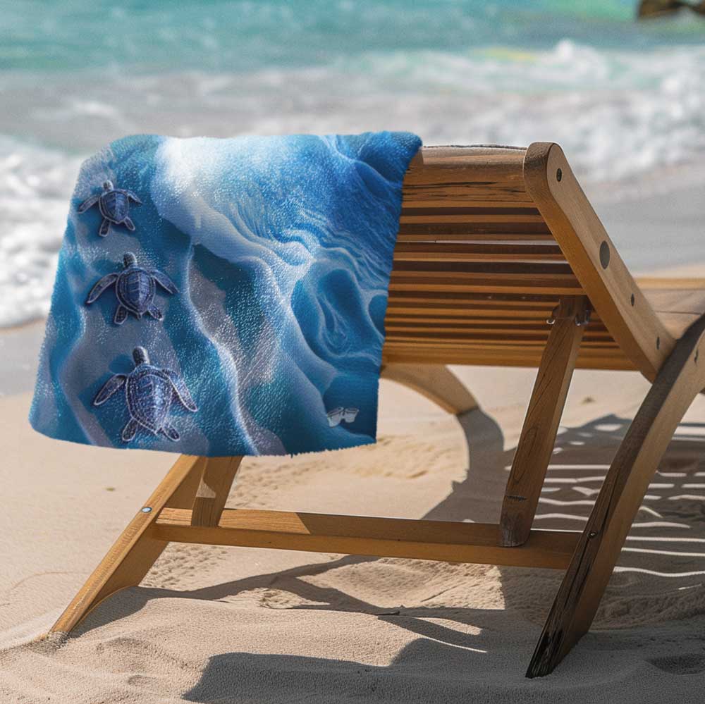 Beach Towel draped over a wooden beach chair on the water's edge