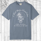 A slate blue short-sleeve t-shirt with a white graphic of a pirate skull and the text 'I Tried Being Normal Once. It Was The Worst 2 Minutes of My Life.