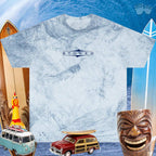 Stoked Surfer Vibe Garment Dyed T-Shirt 🤙 Over a background of Surfboards, Beach Wagon, A Laughing Tiki and a Rubber Chicken