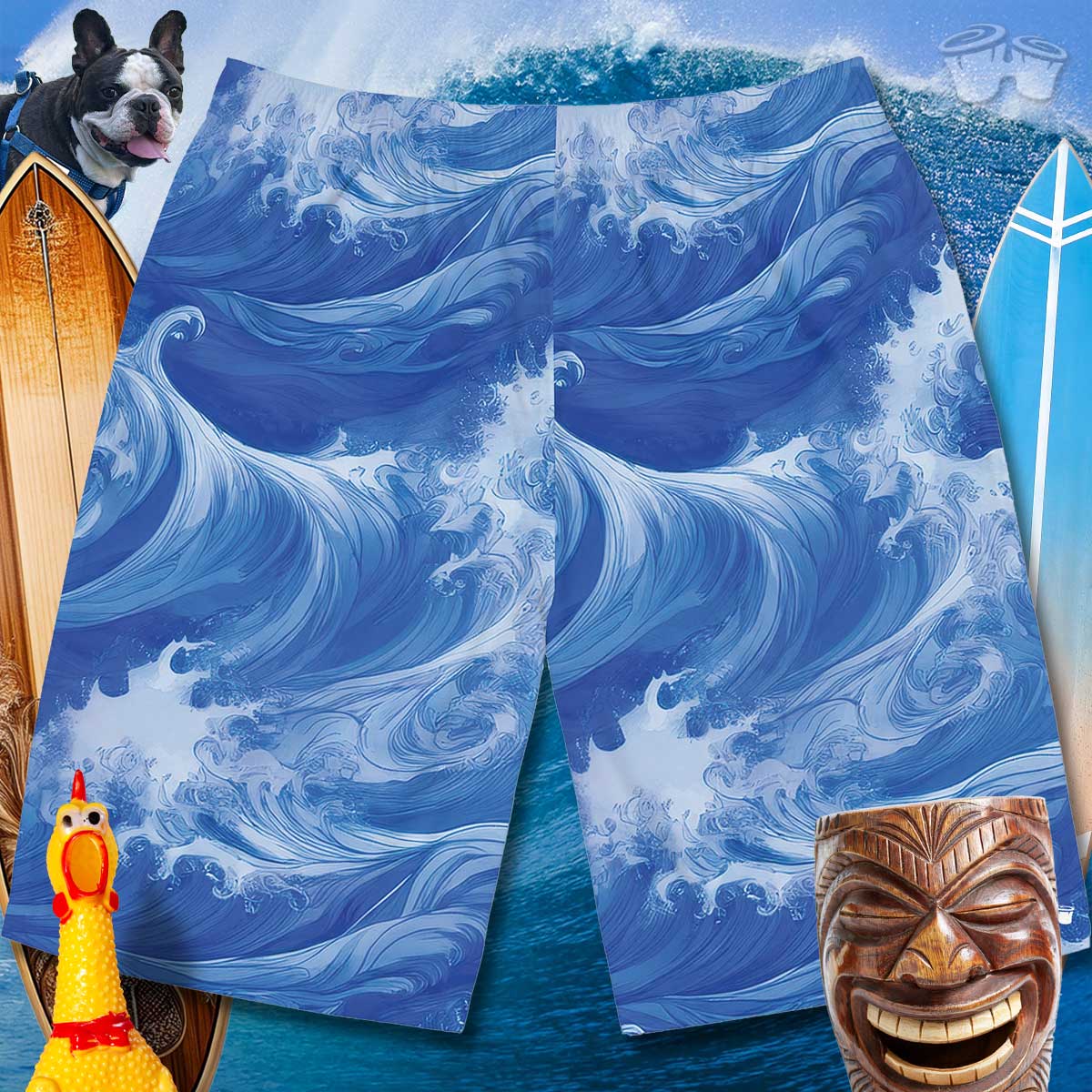Back of Long Board shorts with cool ocean wave pattern