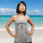 Woman wearing a gray Women's Racerback Tank with 'Old Sheller Junonia Club' text on Anna Maria Island Beach