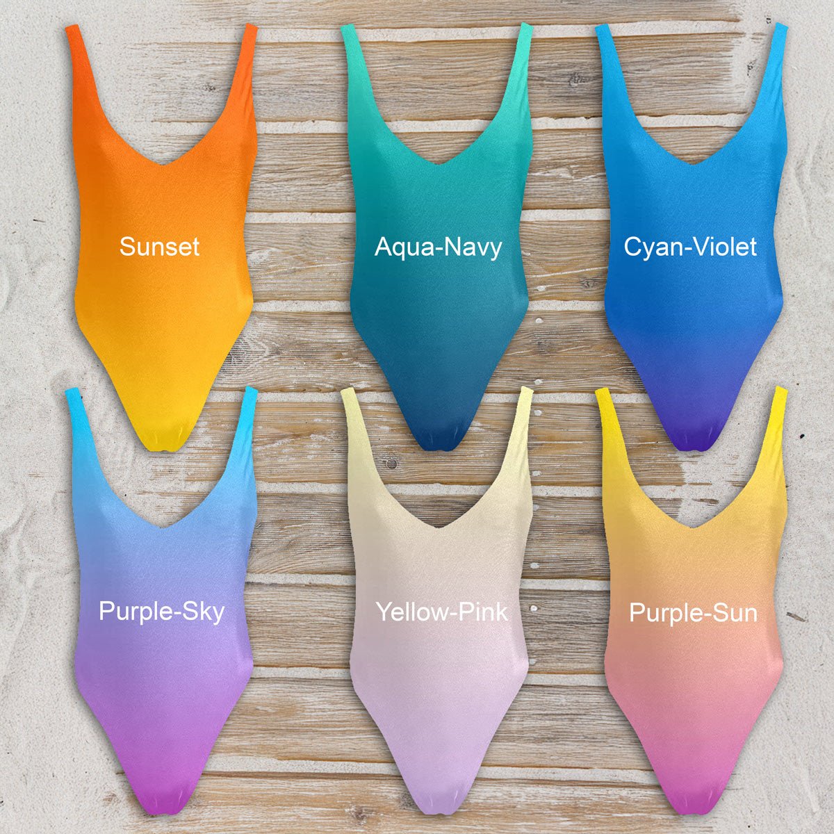 Six gradient swimsuits in various colors on a wooden surface