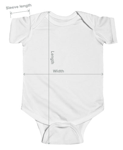 White baby onesie with measurement labels on a white background