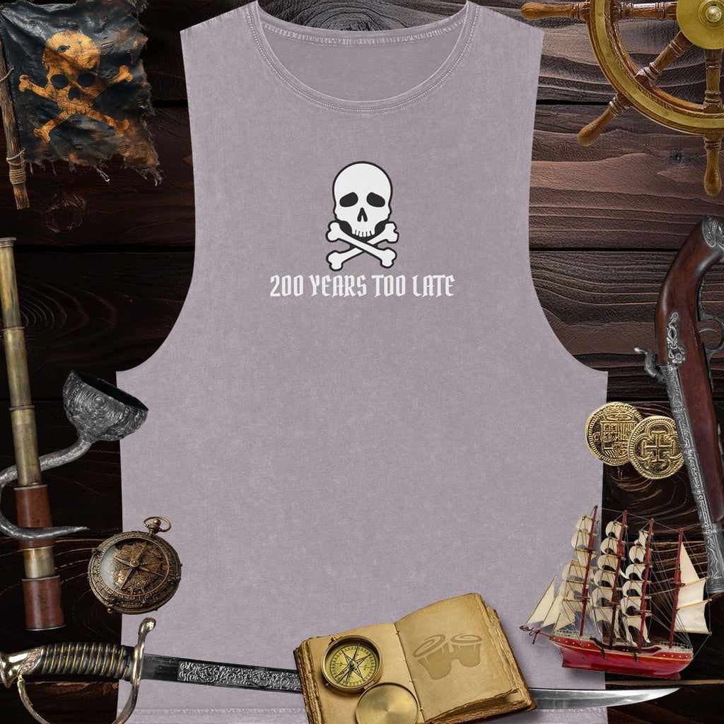 Gray tank top with skull and crossbones design on a pirate-themed background