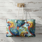 Tote bag with parrot design hanging on a wooden hook against a rustic wooden wall.