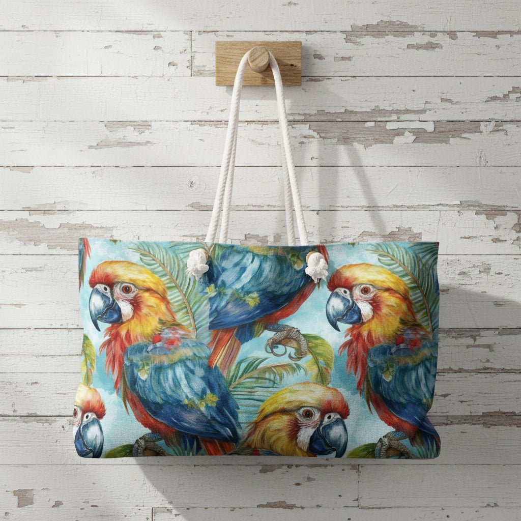 Tote bag with parrot design hanging on a wooden hook against a rustic wooden wall.