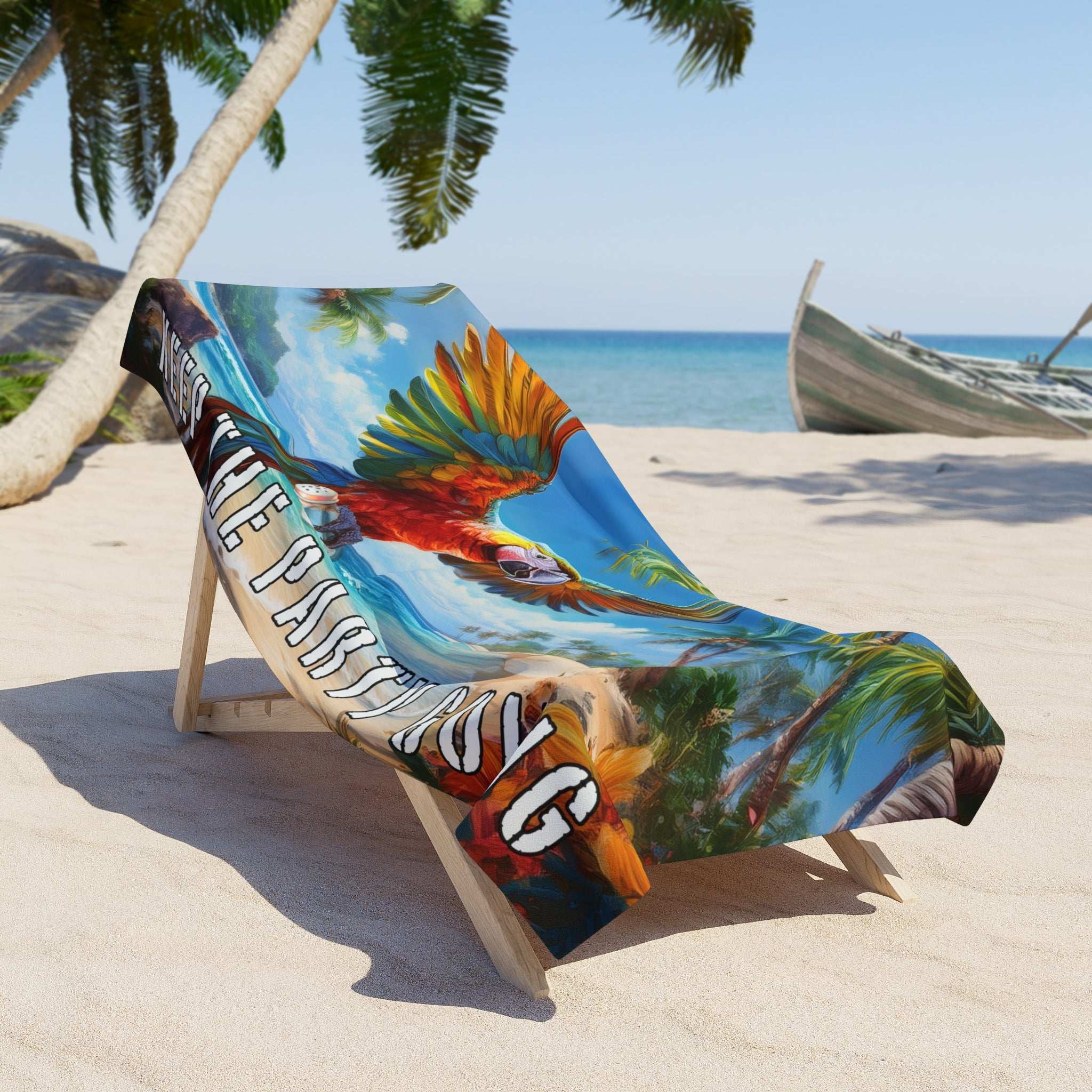 Parrot Head beach towel draped over a lounge chair at beach in Key Largo