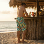 Dude wearing Colorful swim shorts with parrot and drum pattern stepping up to a beachside tiki bar