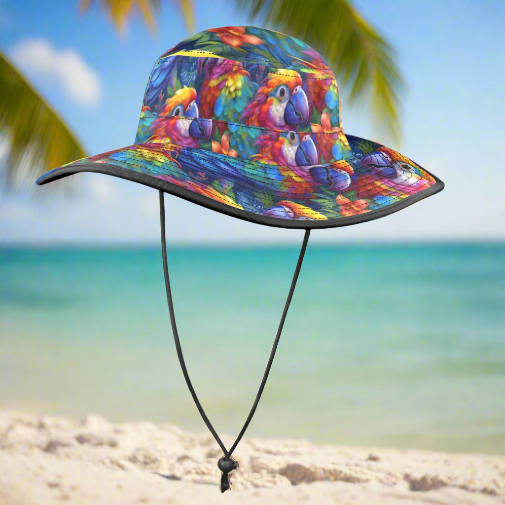 Colorful bucket hat with parrot head design on a Key West beach background