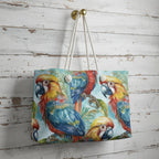 Tote bag with parrot design hanging on a wooden wall