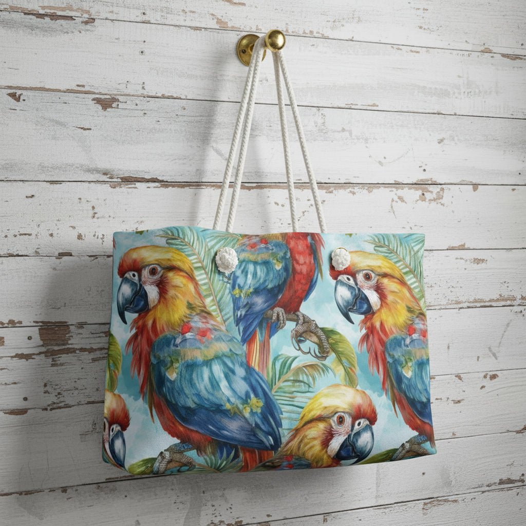 Tote bag with parrot design hanging on a wooden wall