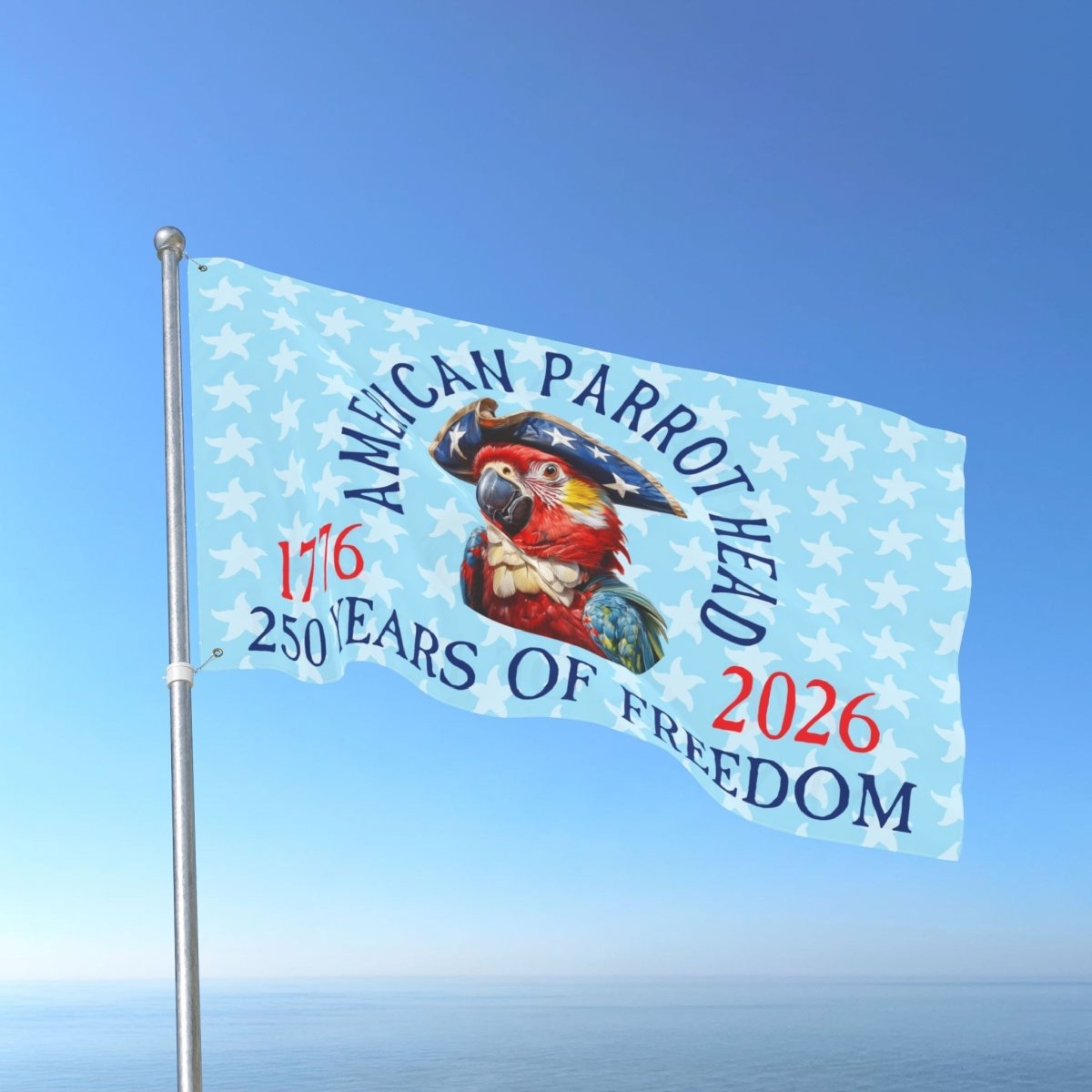 Parrot Head Flag with Americana design  celebrating America's 250th Anniversary text on a blue background