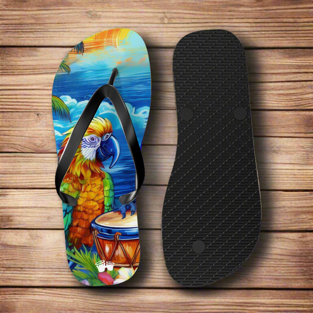 Flip-flop with a colorful parrot design on a rustic nautical wood background