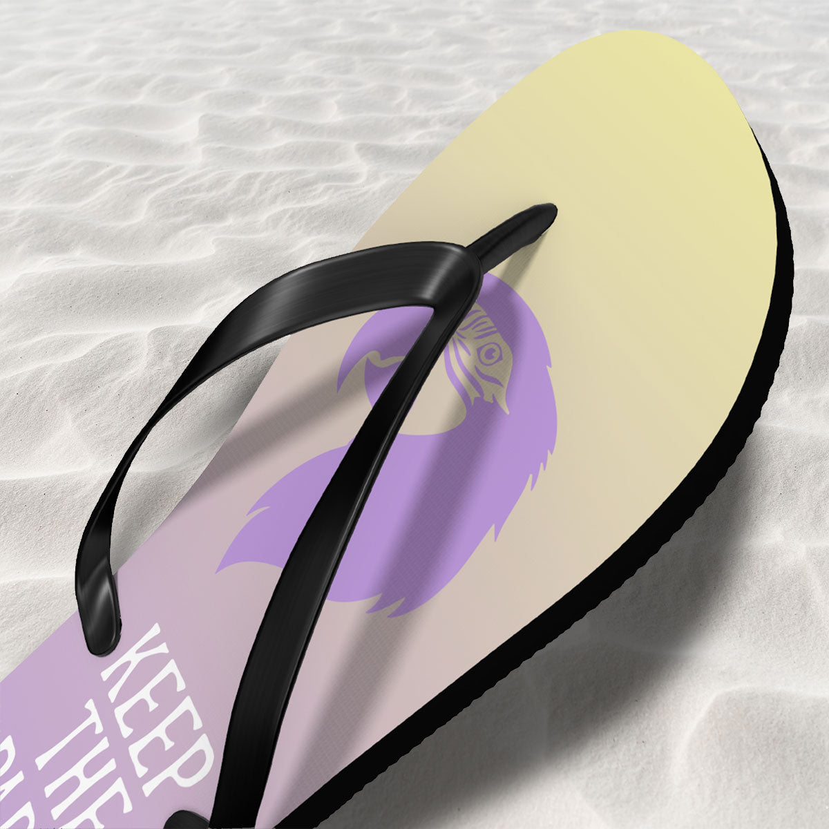 Flip-flop with a purple logo and text on a textured white surface