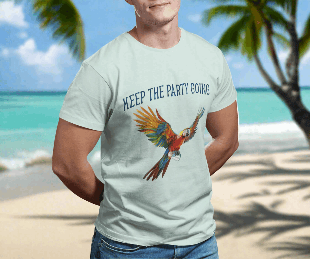 Surfer wearing Keep the Party Going Parrot Head Tee on the beach in the Florida Keys