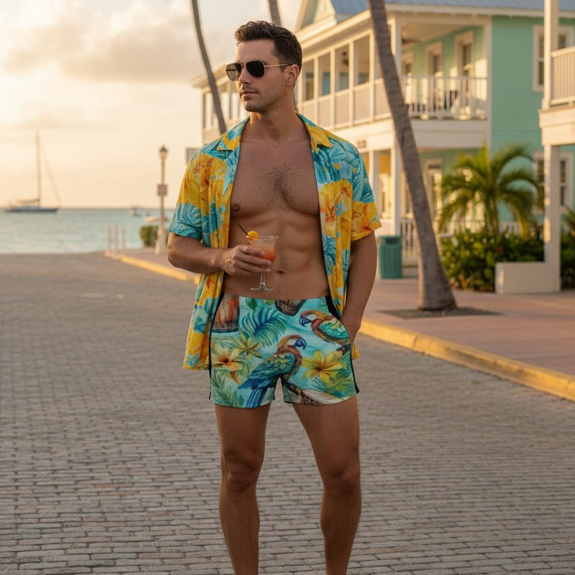 Man in colorful parrothead bathing suit and shirt holding a drink on a beachside street in Key West.