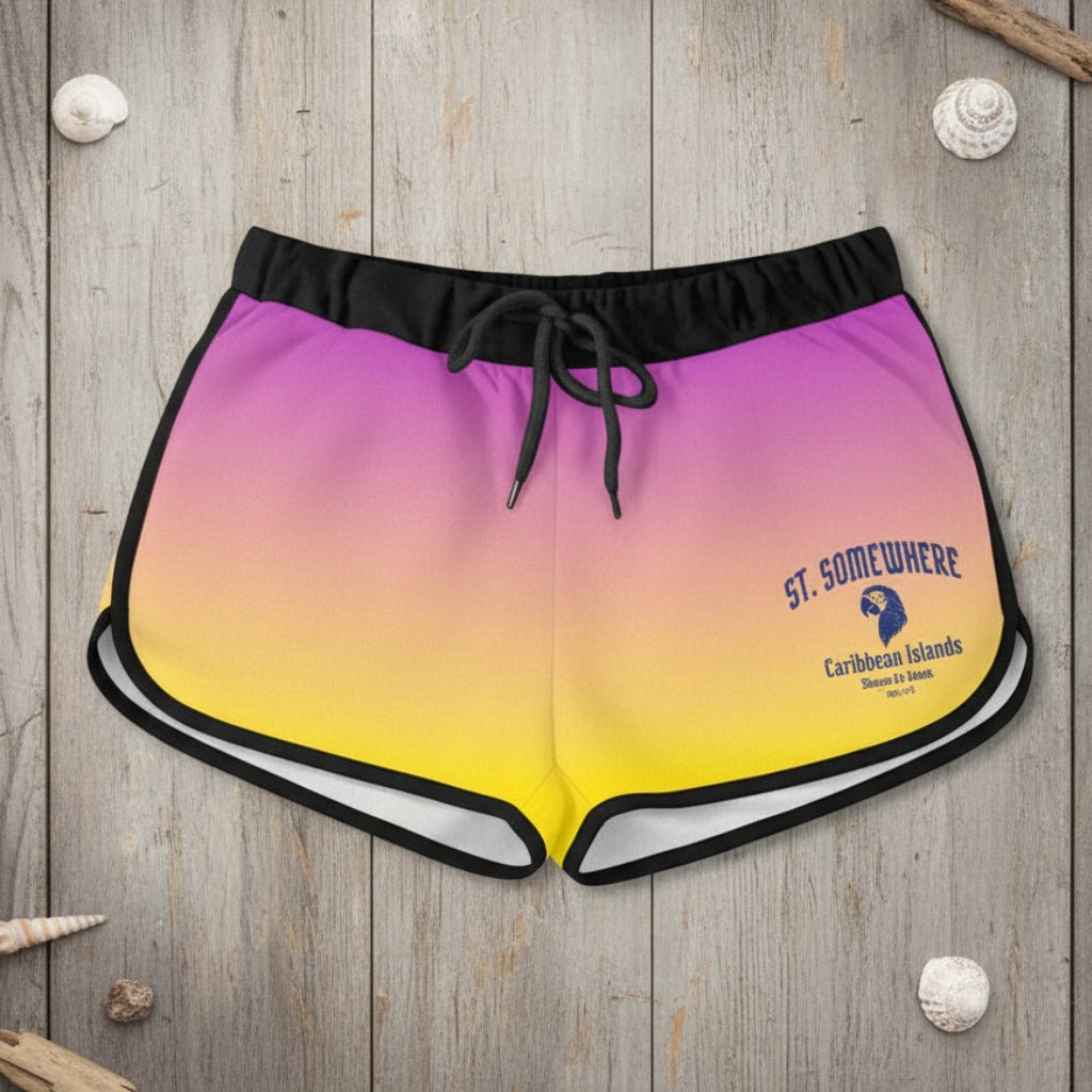 Colorful gradient shorts with a St. Somewhere logo on a rustic nautical wood background