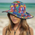Colorful bucket hat with parrot pattern design worn by a model on a beach in Key West