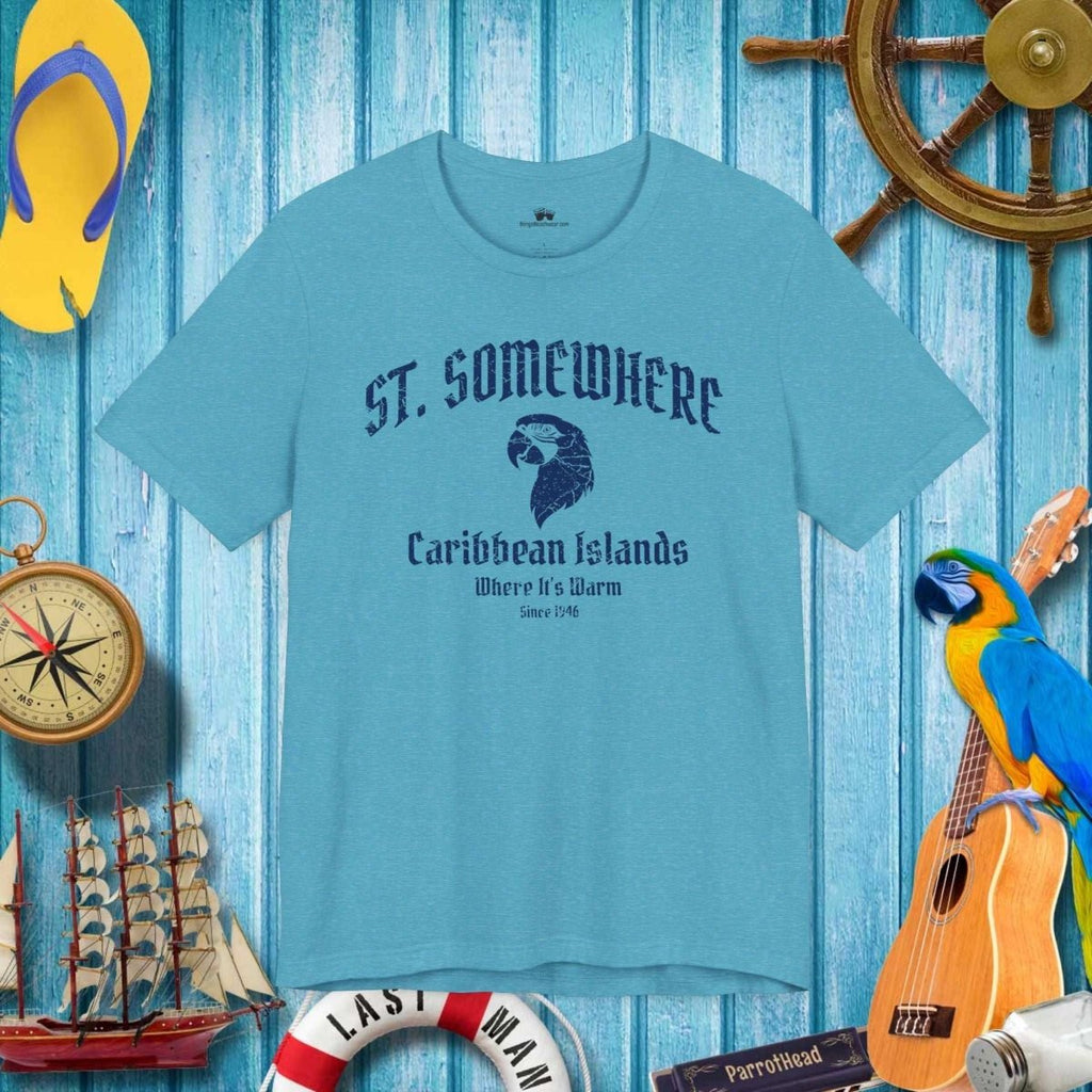 Heather Aqua ParrotHead Bella Canvas T-shirt on a background of ParrotHead Icons and a rustic nautical wall of of some marina