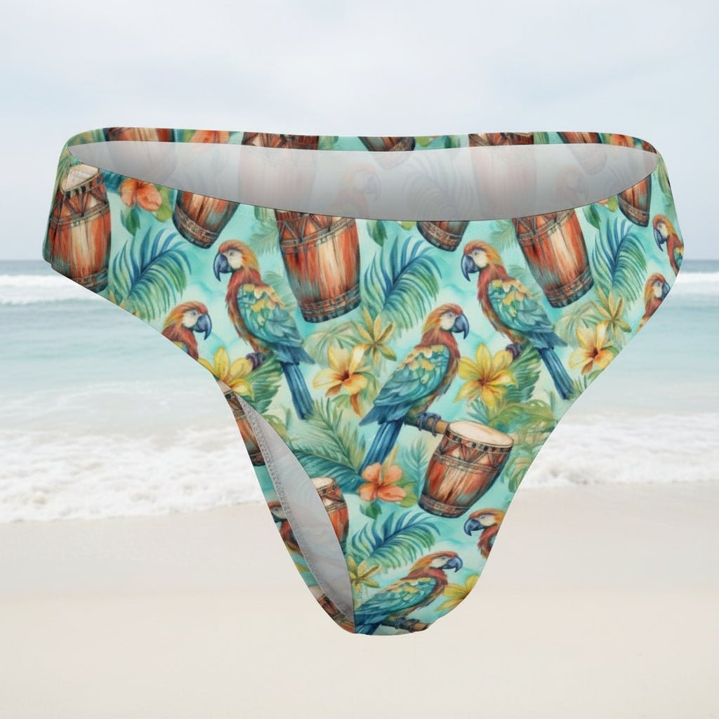 Tropical-themed ParrotHead Bikini Bottoms with parrots, drums, and flowers on a faded beach background