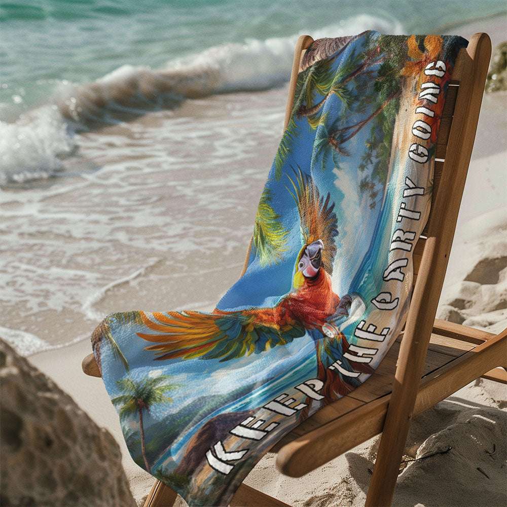 Beach towel featuring a parrot flying away with Jimmy Buffett's lost shaker of salt draped over a beach chair in the sand in Key Largo