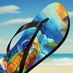 Flip-flop with a colorful ParrotHead design on a beach background