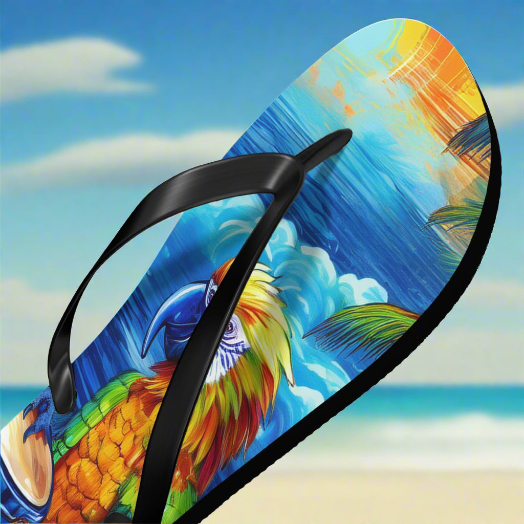 Flip-flop with a colorful ParrotHead design on a beach background