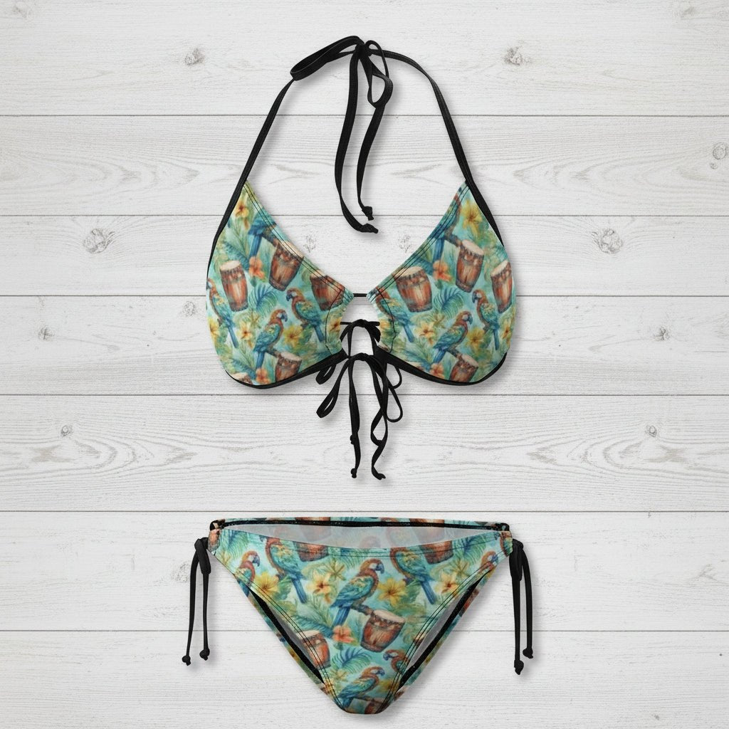 Bikini set with parrot and floral pattern on a white background