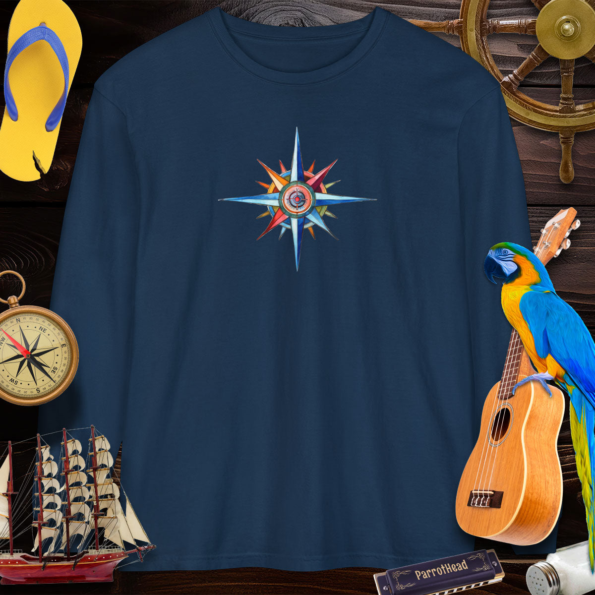 T-Shirts Crazy ParrotHead Long Sleeve T-Shirt - Compass on Front
