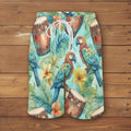 Tropical-themed shorts with parrots, drums, and flowers on a nautical wood background