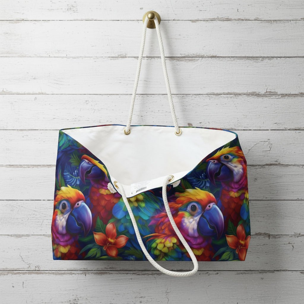 Colorful parrot-patterned bag with white strap on a wooden surface