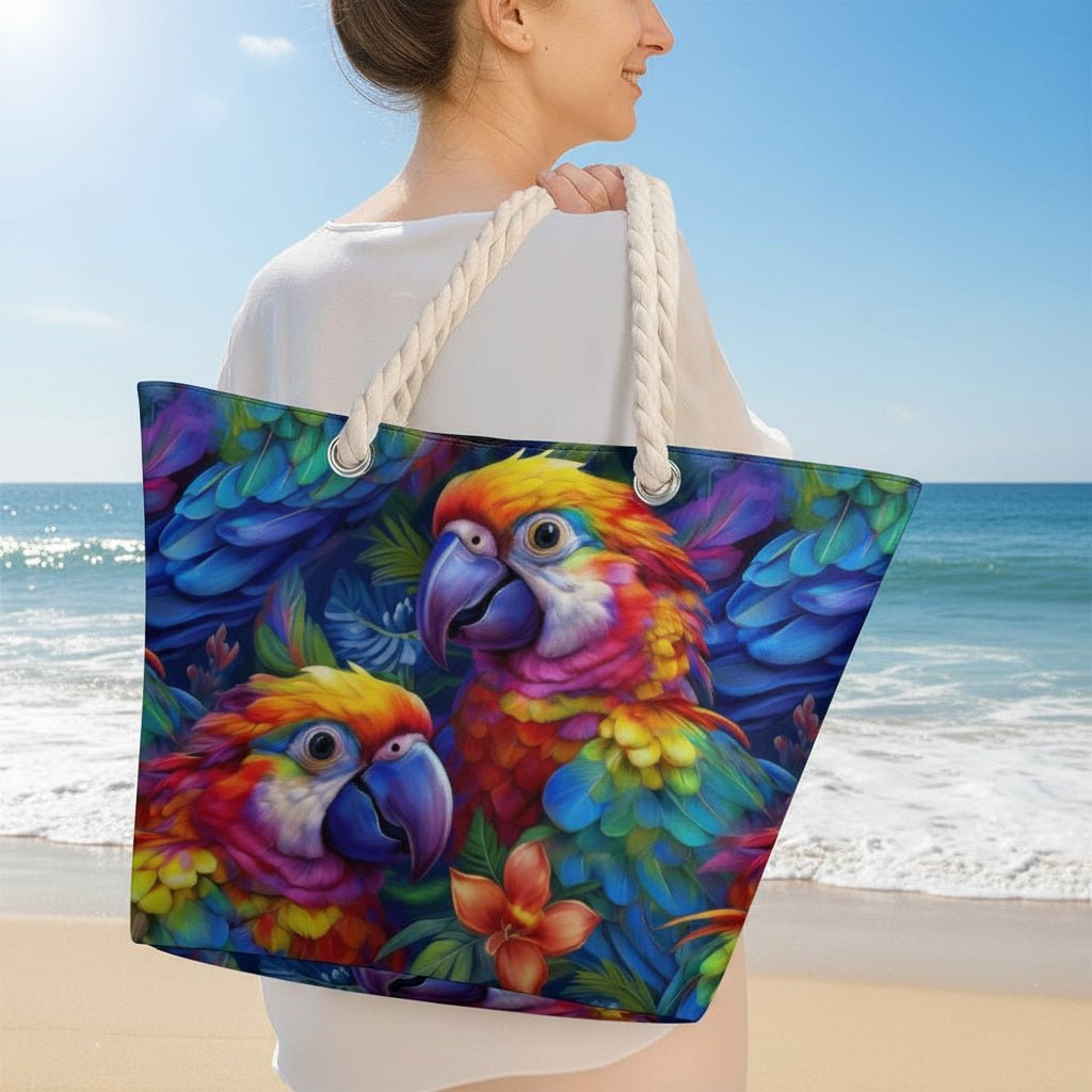 Person holding a tote bag with colorful parrot head design on a sunny beach