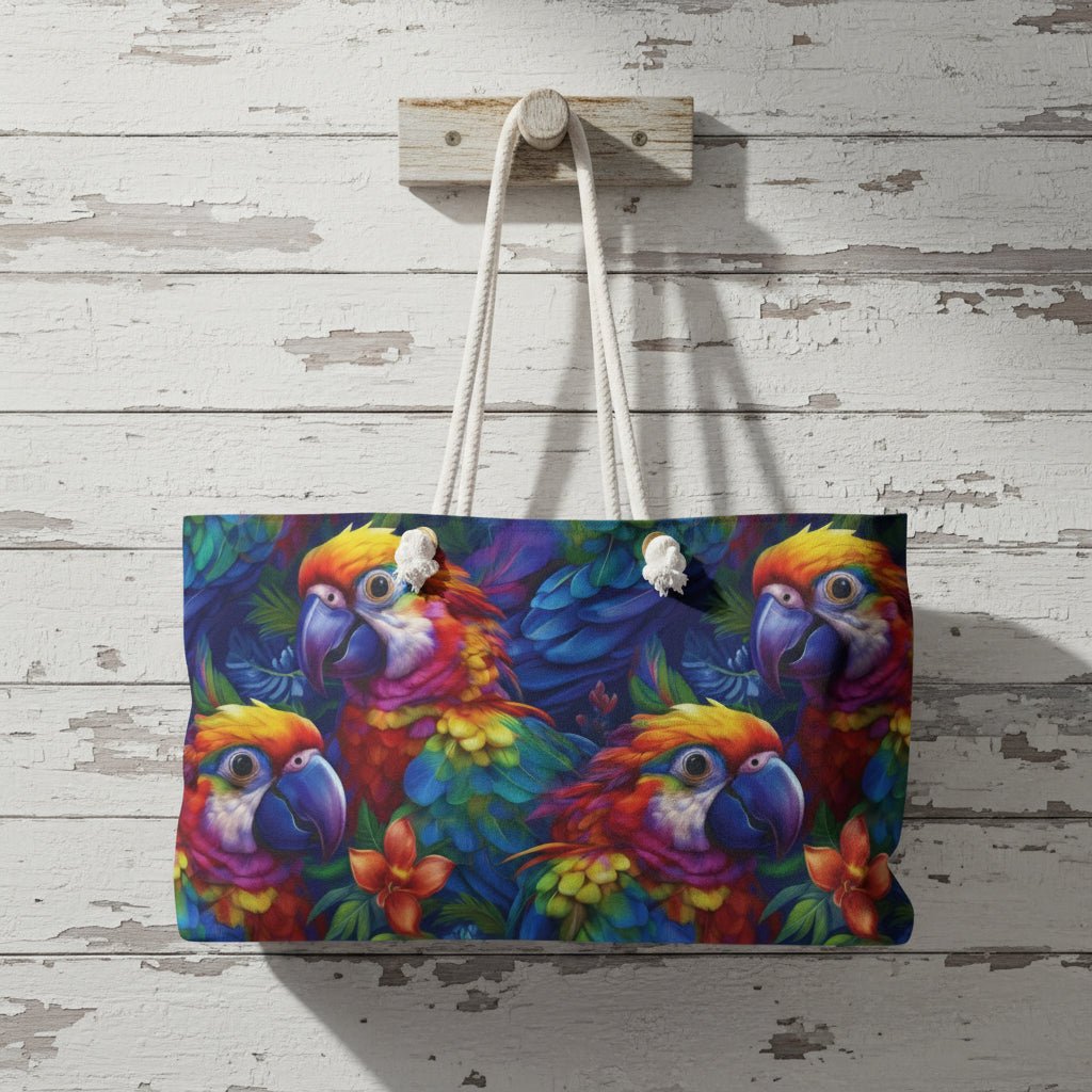 Tote bag with colorful parrot design hanging on a wooden wall.