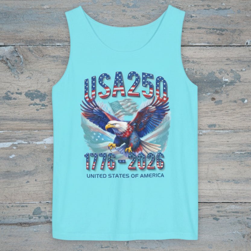 Light blue tank top with an eagle graphic and 'USA 250' text on a nautical wood background