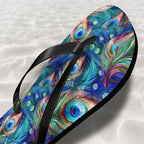 Flip-flop with peacock feather pattern on a white textured background