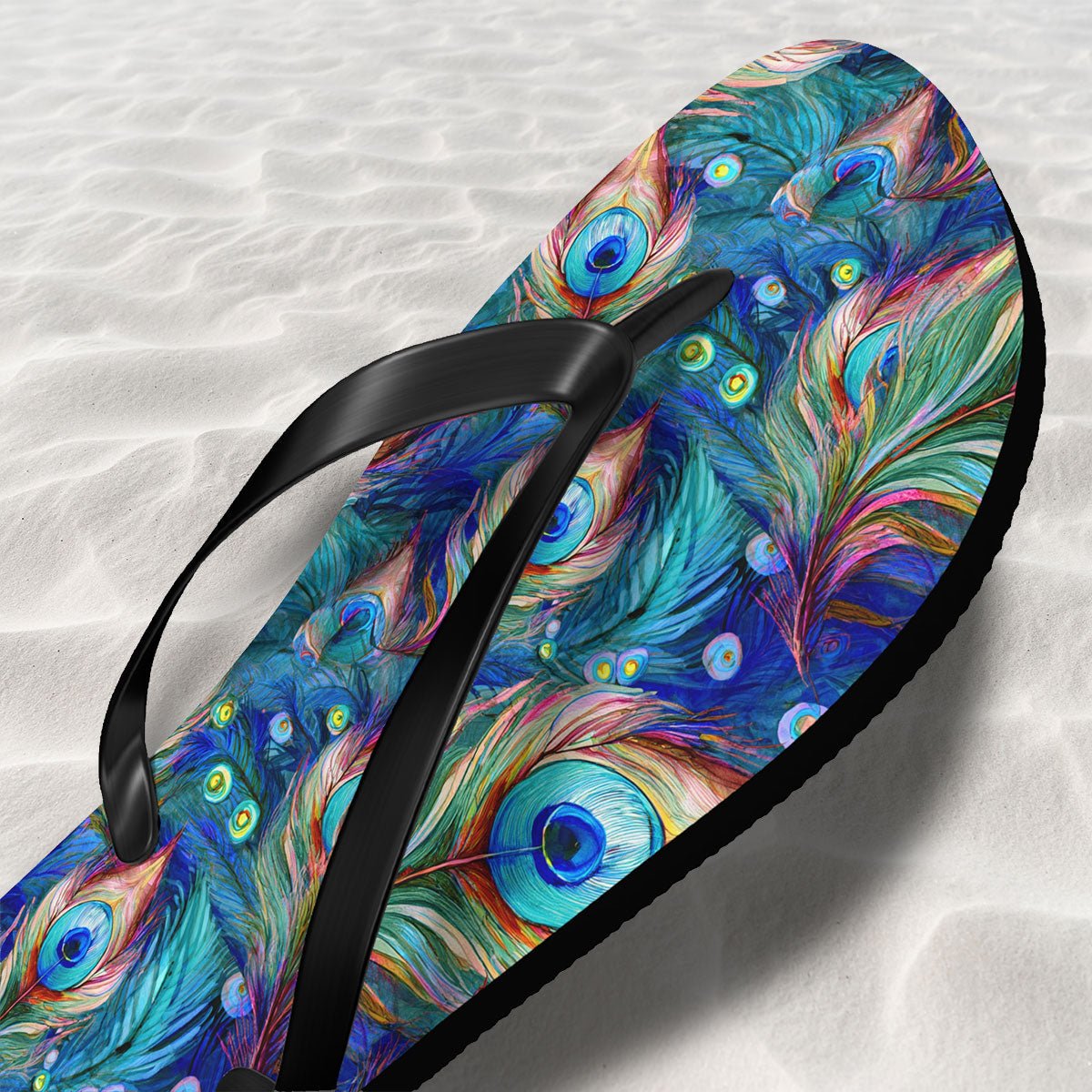 Flip-flop with peacock feather pattern on a white textured background