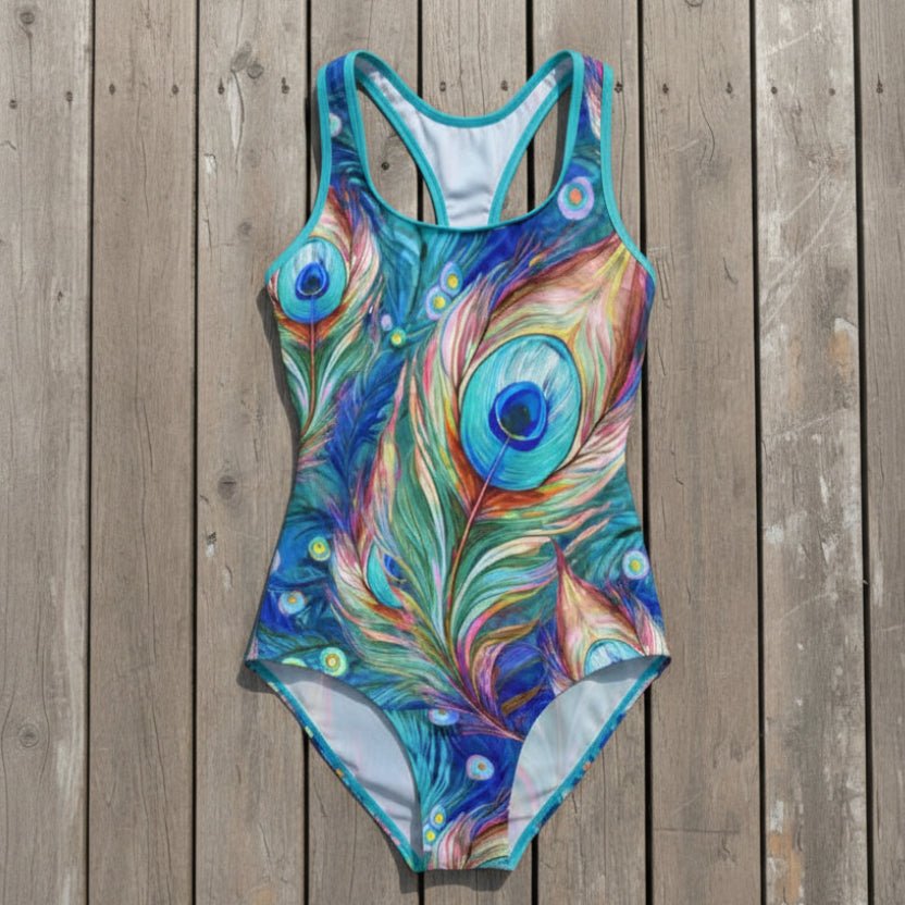 One-piece swimsuit with peacock feather design on a rustic wood background
