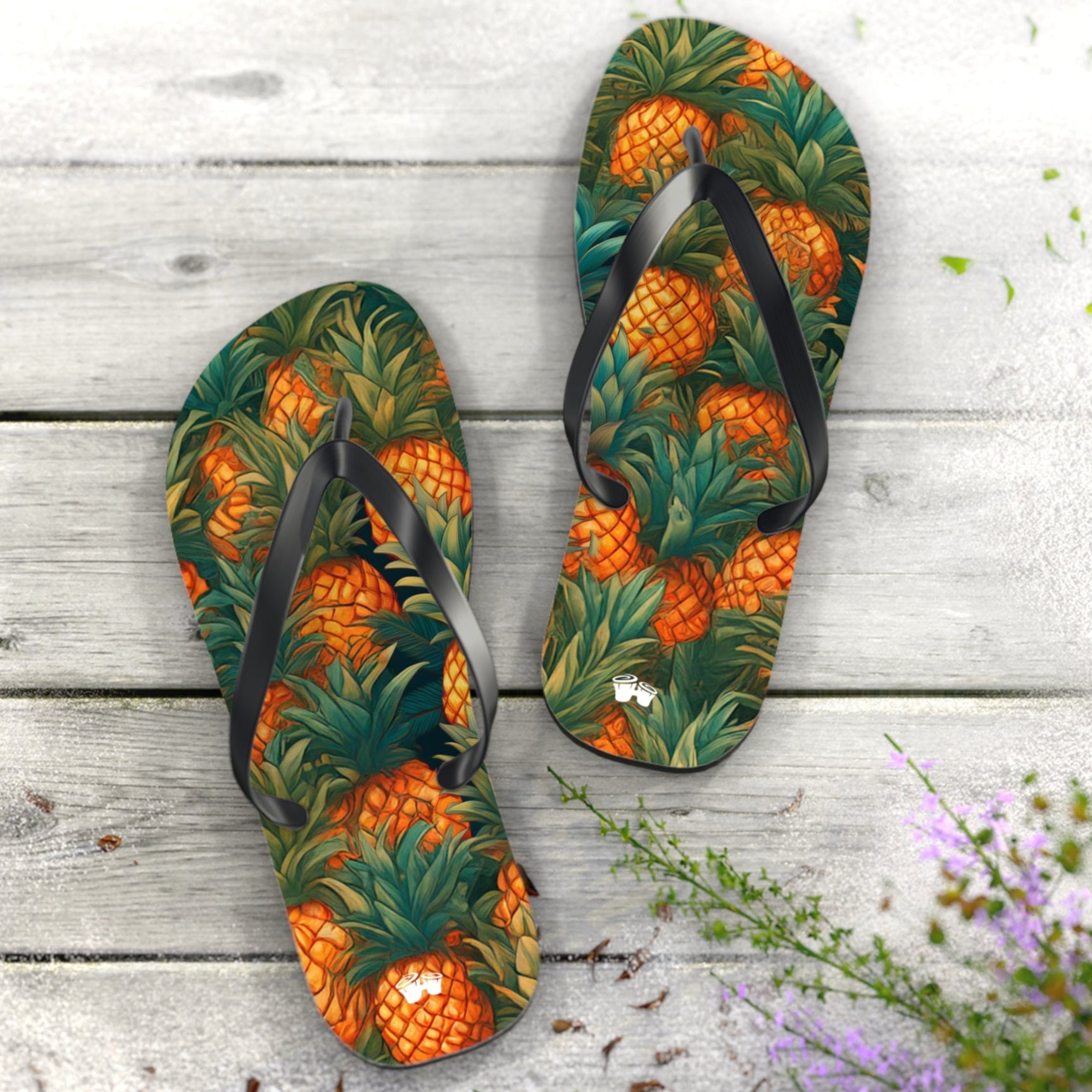 Flip-flops with pineapple design on a wooden surface