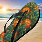 Flip-flop with pineapple and leaf pattern on a bech background