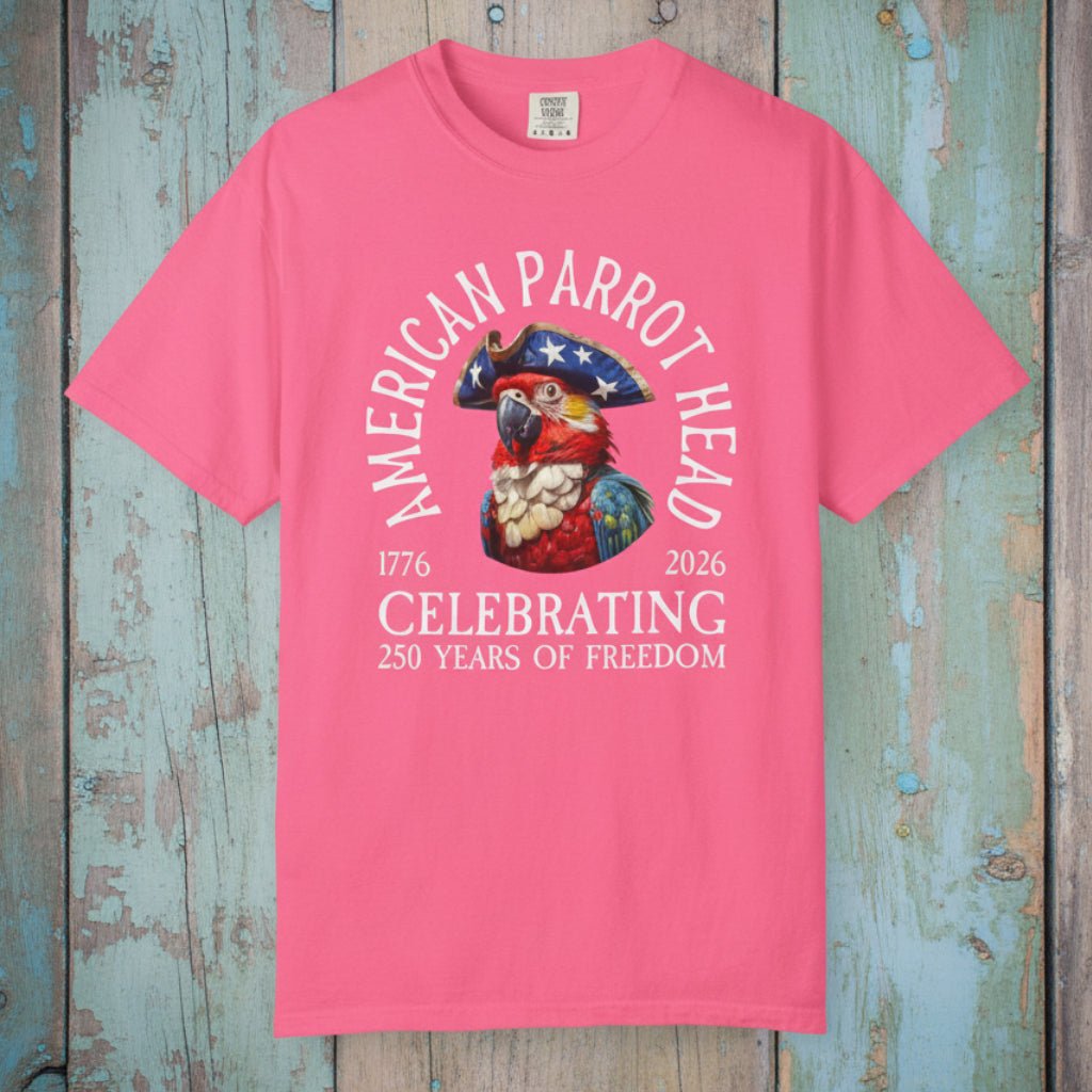 Pink t-shirt with American Parrot Head design on a nautical wood background