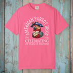 Pink t-shirt with American Parrot Head design on a nautical wood background