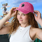 Woman wearing a pink Parrot Head Hat with a scenic background