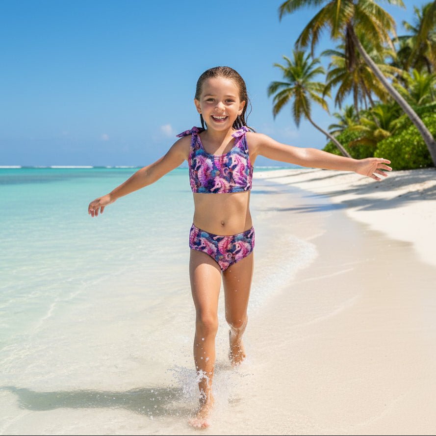 Girl wearing a Two-piece Pink Seahorse swimsuit with seahorse pattern on a Hawaiian Island beach