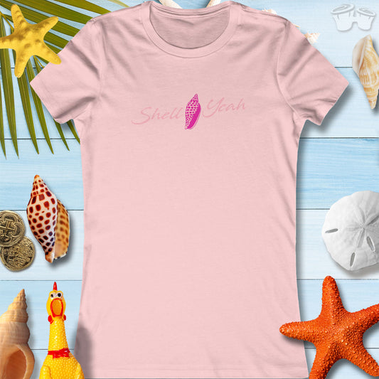 Pink women's t-shirt with 'Shell Yeah' design, perfect for beach lovers and casual summer outings.
